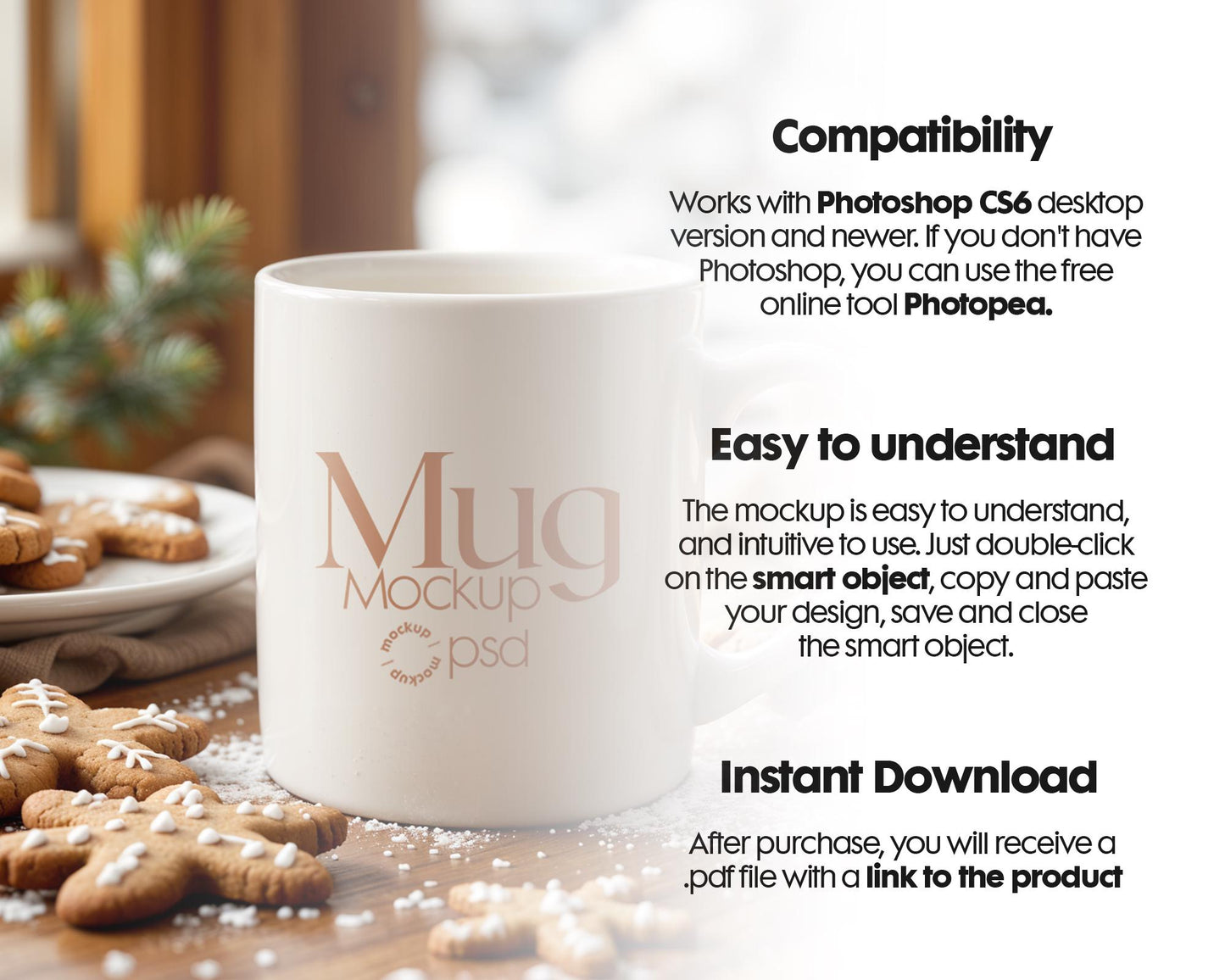 Christmas Mug Mockup PSD, Winter White Ceramic Cup Mockup Coffee Mug Mockups, White Coffee Mug 11oz Holidays Mug Mockup