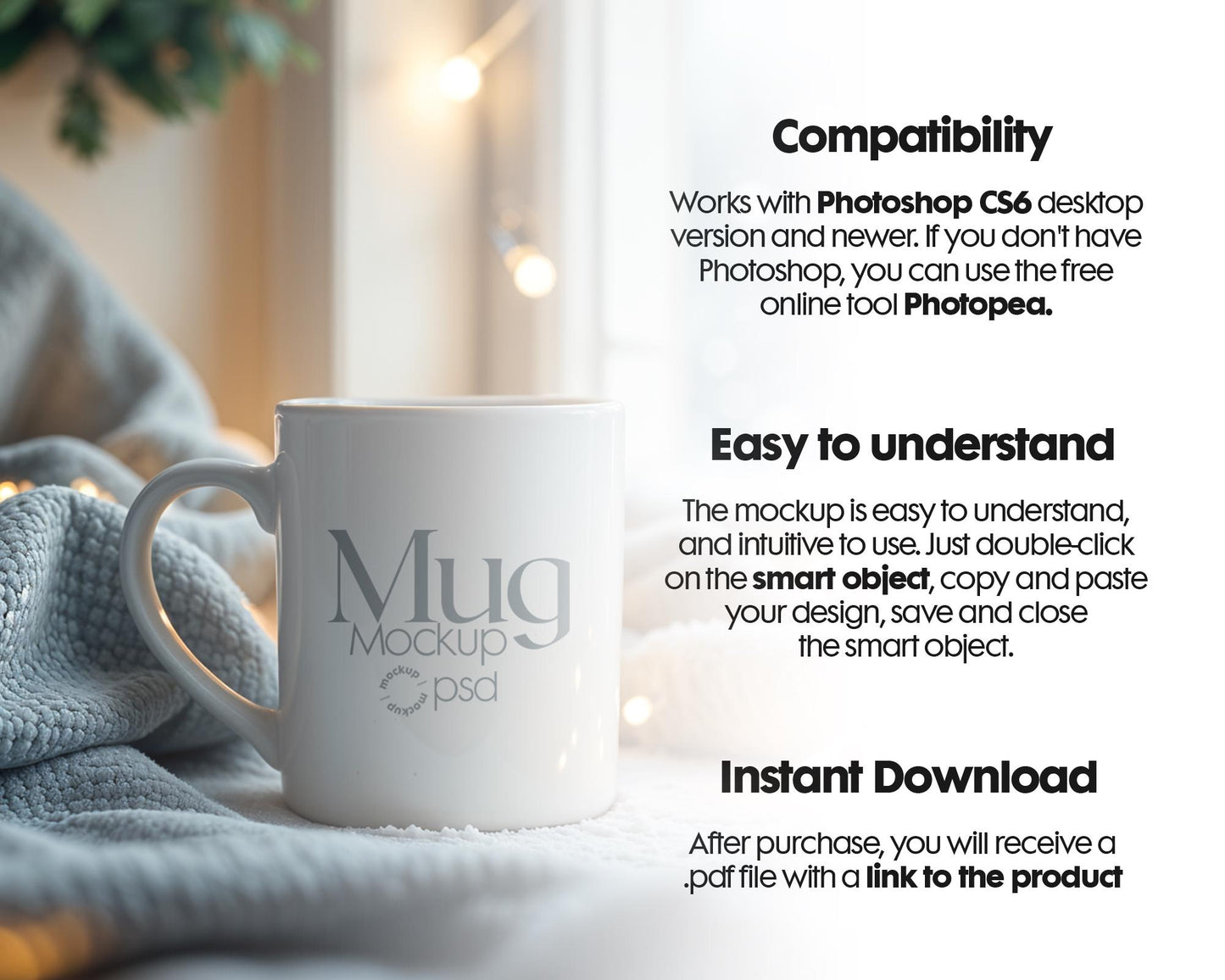 Christmas Mug Mockup PSD, Winter White Ceramic Cup Mockup Coffee Mug Mockups, White Coffee Mug 11oz Holidays Mug Mockup