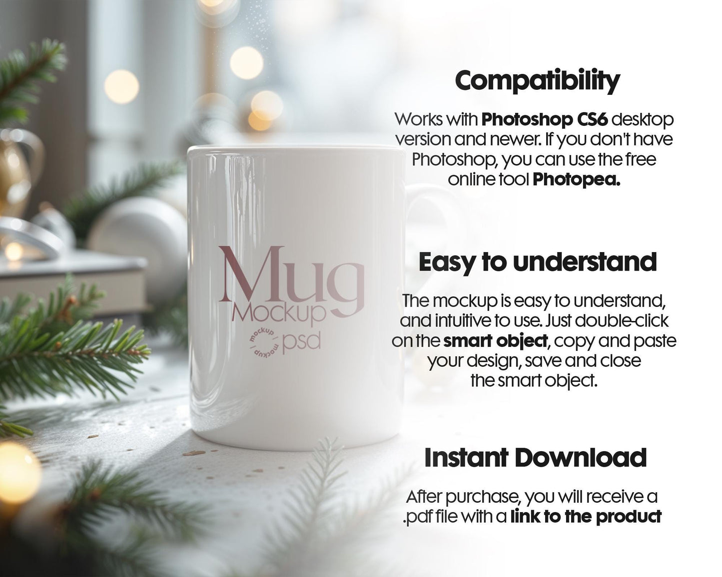 Christmas Mug Mockup PSD, Winter White Ceramic Cup Mockup Coffee Mug Mockups, White Coffee Mug 11oz Holidays Mug Mockup