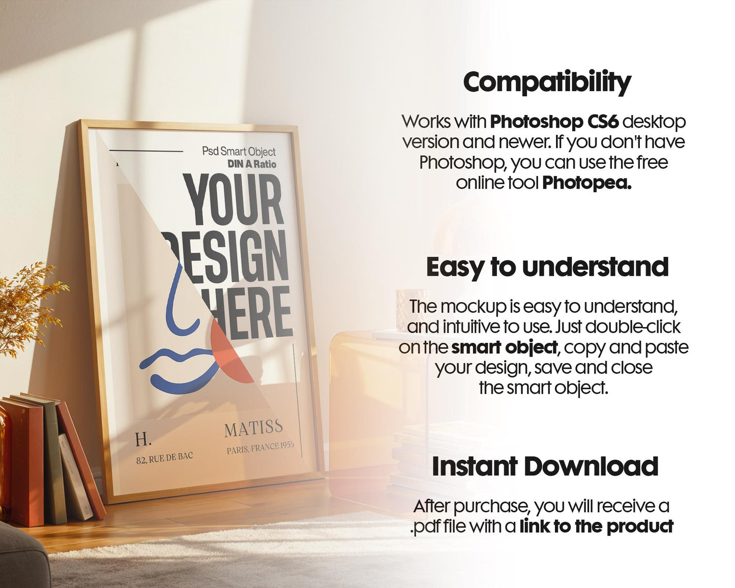 Blank Wooden Poster Frame Mockup, Room Frame Mockup, Minimalist Frame Mockup for Digital Download, Posters and Artwork Instant Download