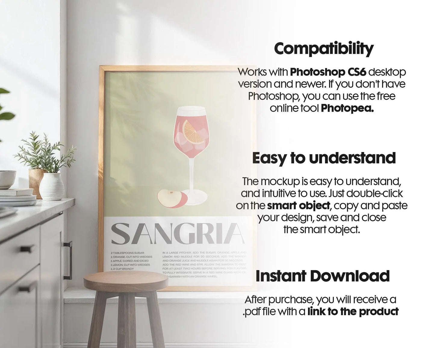Kitchen Frame Mockup | DIN A Artwork Mockup Frames | Aesthetic Kitchen Vertical Wood Frame Mockup | Poster Mockup Templete PSD