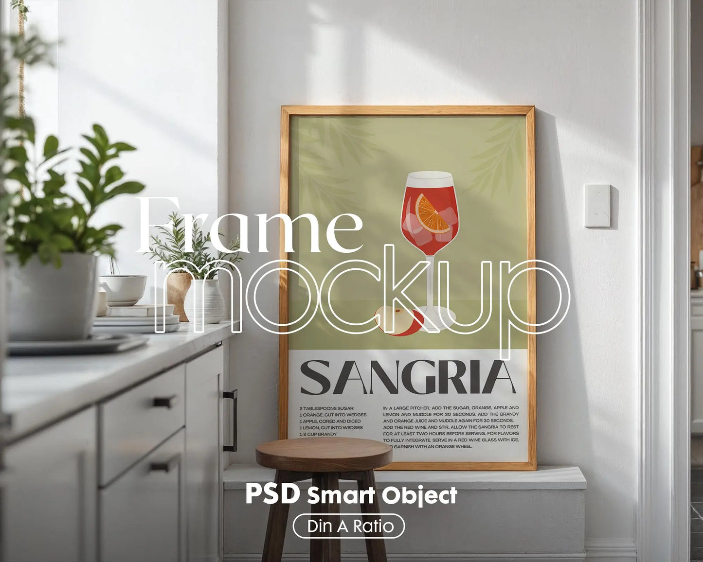 Kitchen Frame Mockup | DIN A Artwork Mockup Frames | Aesthetic Kitchen Vertical Wood Frame Mockup | Poster Mockup Templete PSD