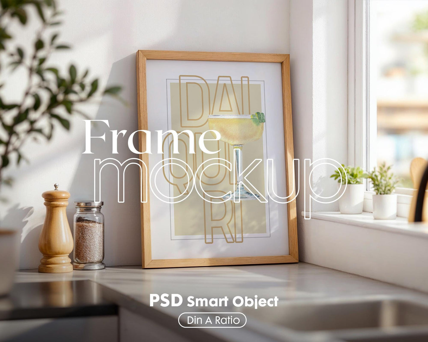Kitchen Frame Mockup | DIN A Artwork Mockup Frames | Aesthetic Kitchen Vertical Wood Frame Mockup | Poster Mockup Templete PSD