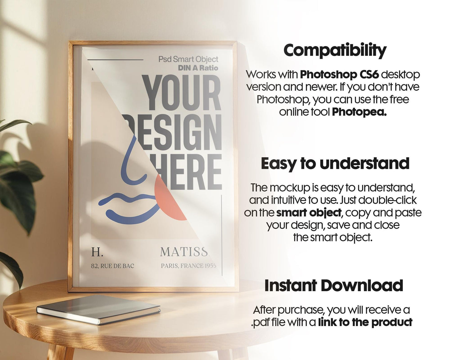 Blank Wooden Poster Frame Mockup, Minimalist Frame Mockup for Digital Download, Posters and Artwork Smart Object Instant Download