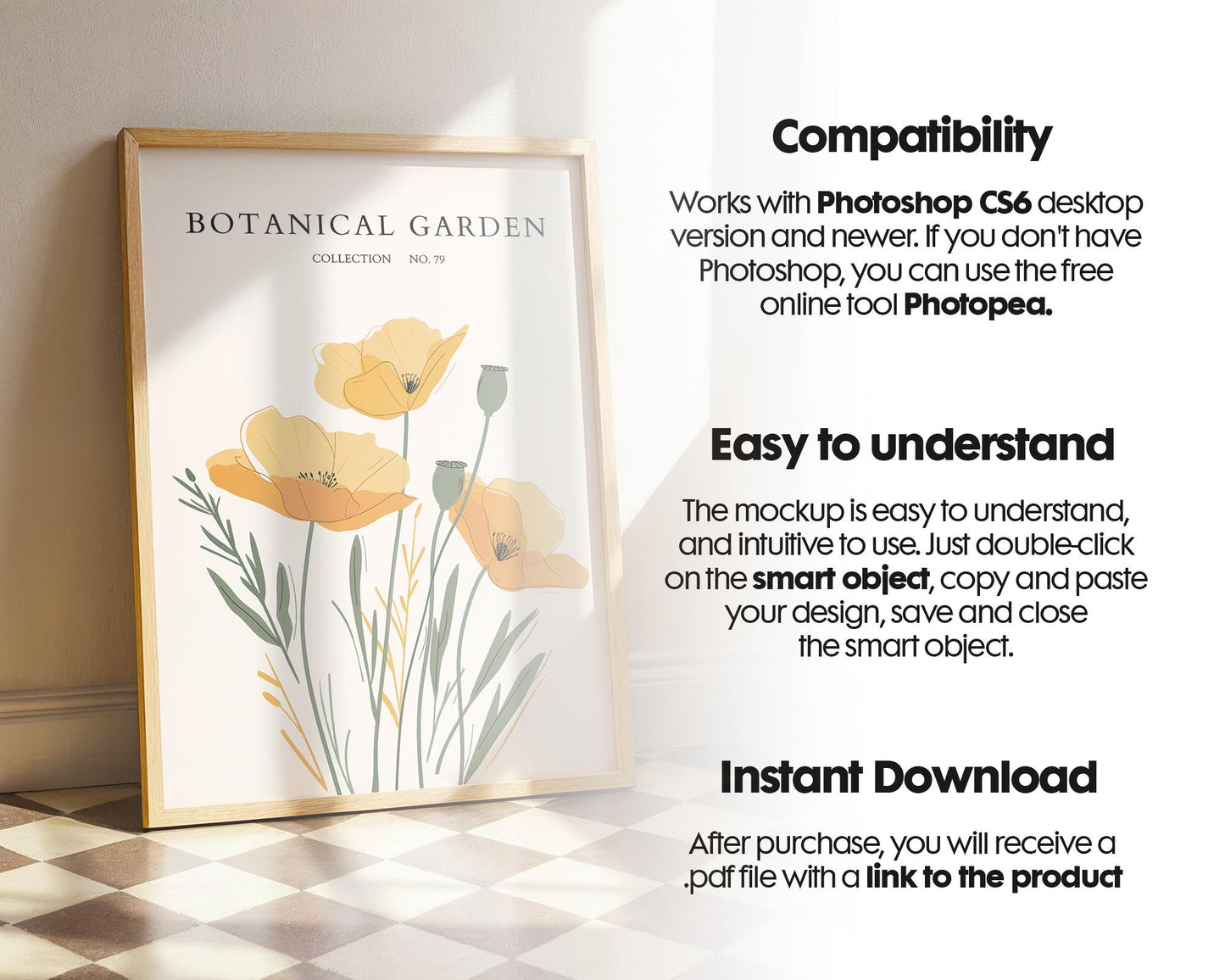 Blank Wooden Poster Frame Mockup, Minimalist Frame Mockup for Digital Download, Posters and Artwork Smart Object Instant Download
