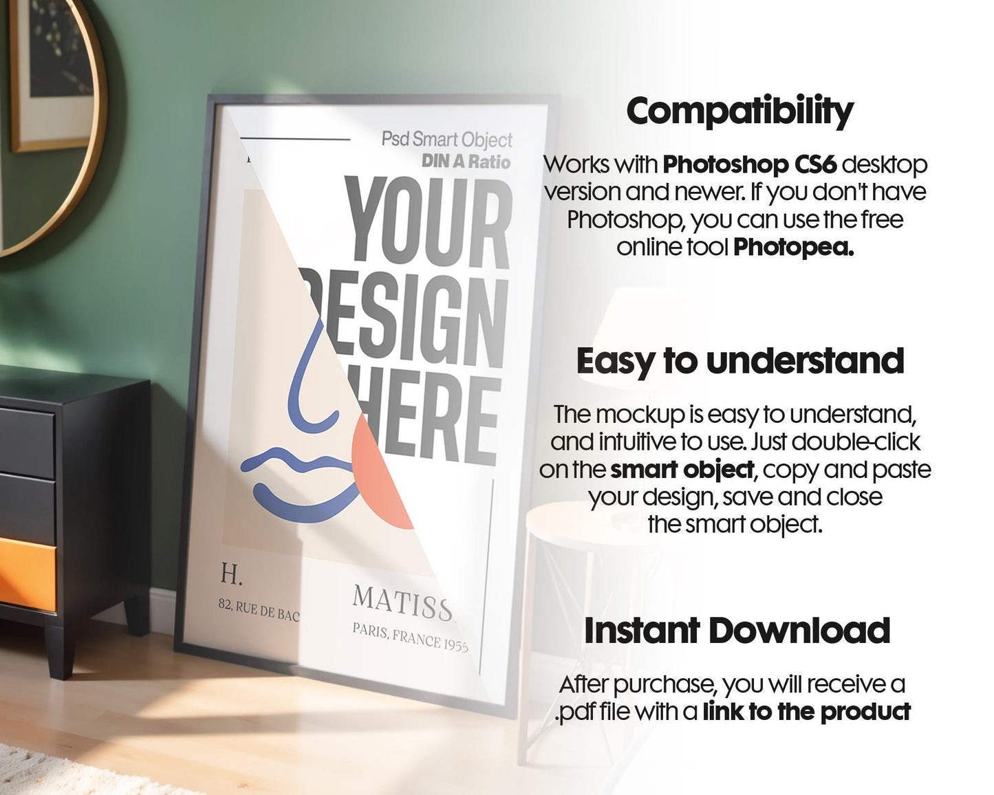 Poster Frame Mockup PSD, Room Frame Mockup, Minimalist Frame Mockup for Digital Download, Posters and Artwork Instant Download