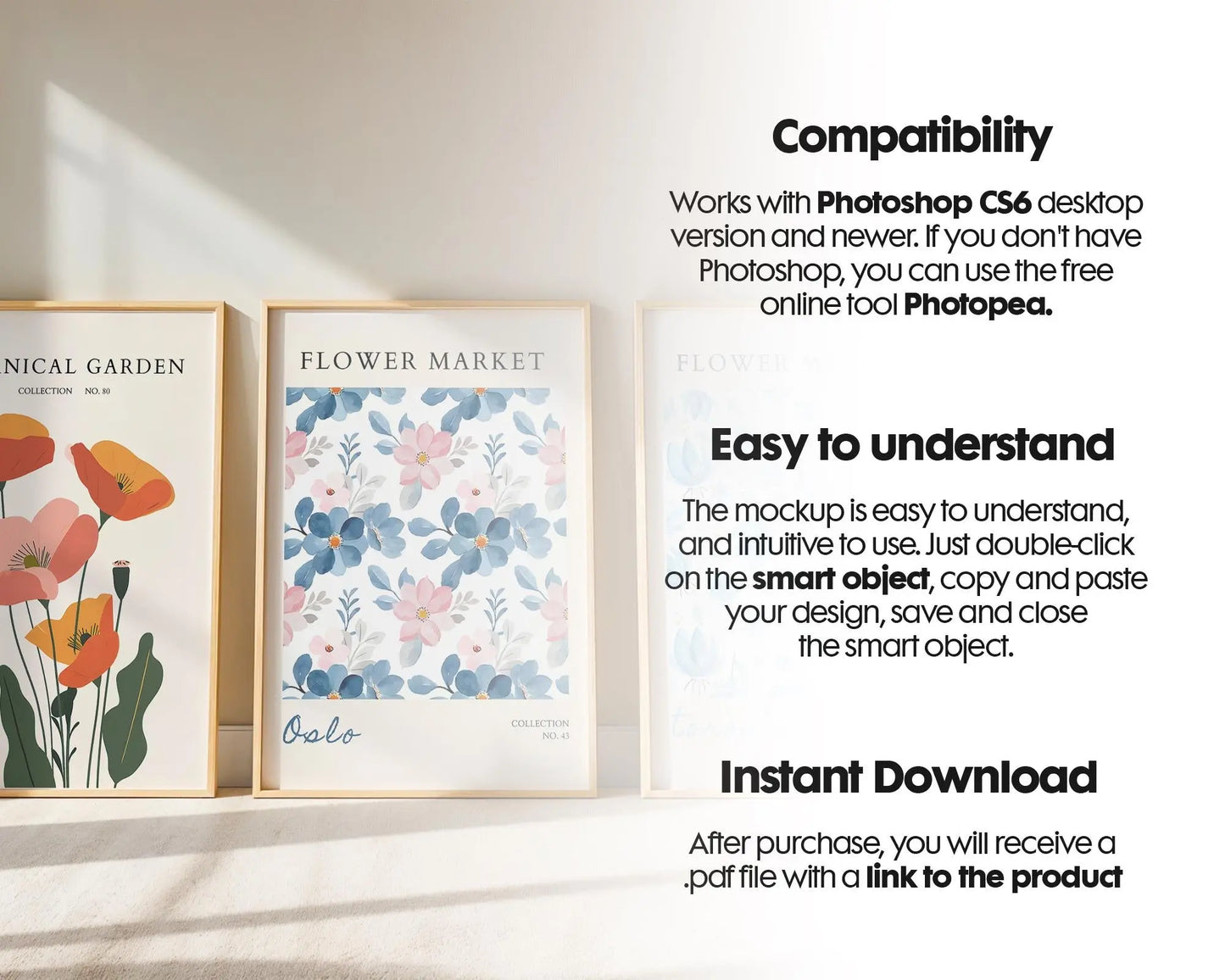 Set of 3 Frame Mockup, Three Multiple Gallery Set 3 Bundle, 3 Vertical Frame Art Display Mockup, Digital Print Mockup - PSD