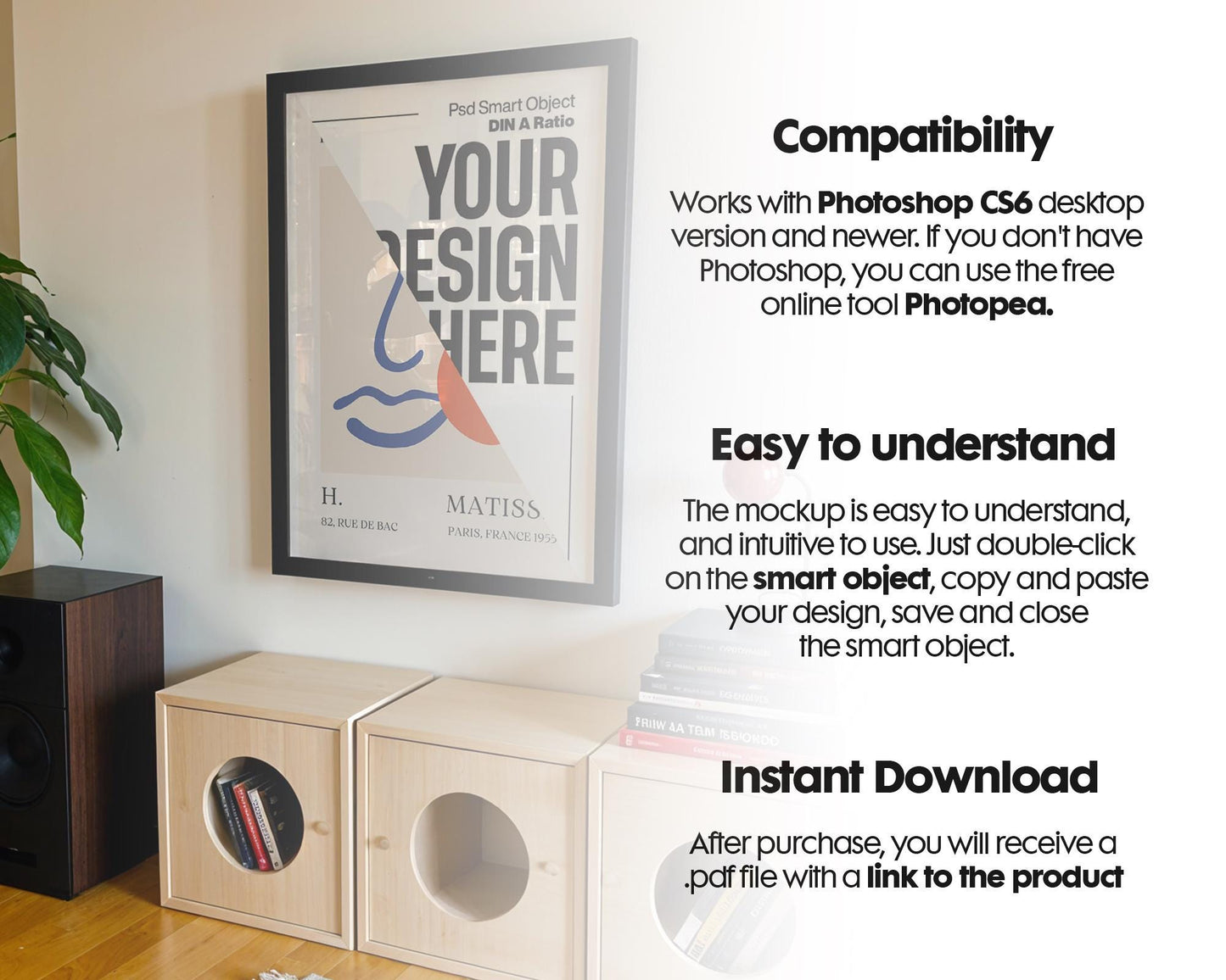 Blank Wooden Poster Frame Mockup, Minimalist Frame Mockup for Digital Download, Posters and Artwork Smart Object Instant Download