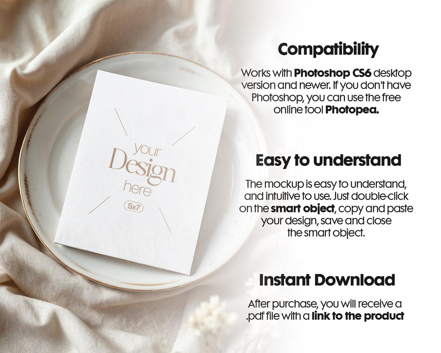 5x7 Card Mockup PSD Template - Minimalist White Stationery for Wedding, Baby Shower & Invitation Cards, Editable Smart Object
