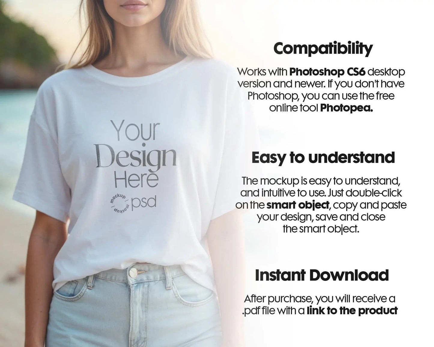 Woman White T-Shirt Mockup PSD | Gildan 64000 & Bella Canvas 3001 Print on Demand Tee Mockups for Designers, Boho Style Tshirt