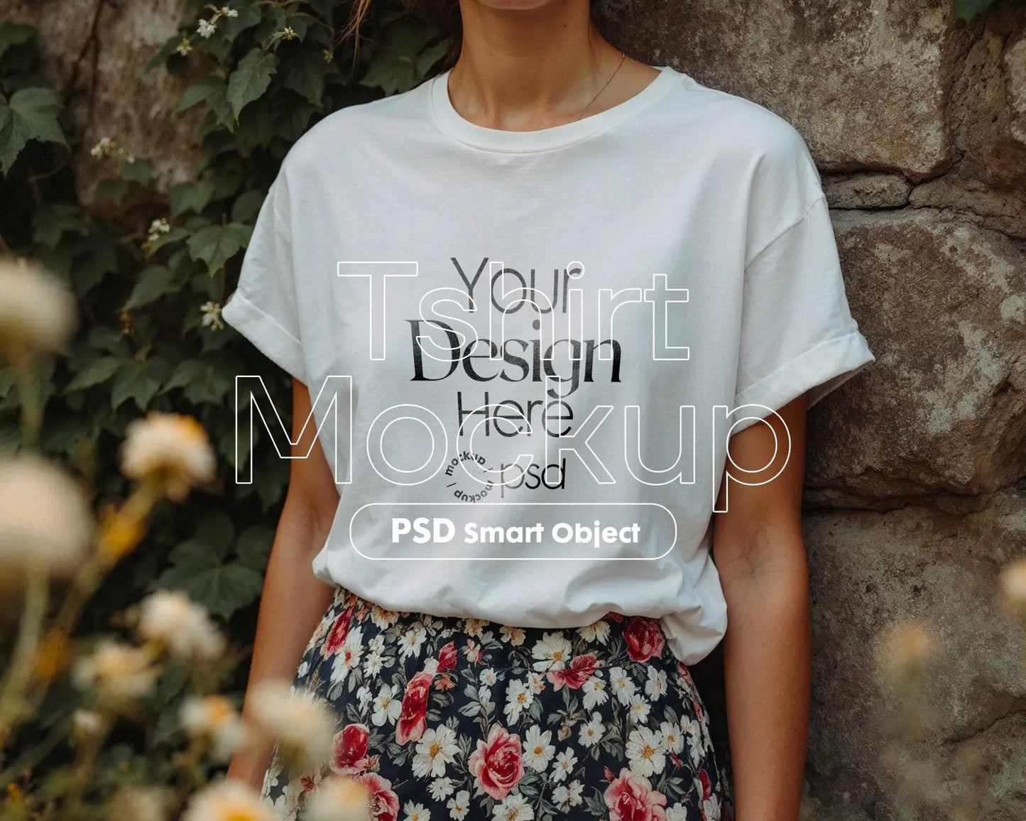 Woman White T-Shirt Mockup PSD | Gildan 64000 & Bella Canvas 3001 Print on Demand Tee Mockups for Designers, Boho Style Tshirt