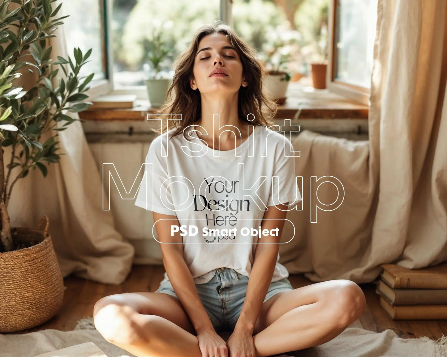 Woman White T-Shirt Mockup PSD | Gildan 64000 & Bella Canvas 3001 Print on Demand Tee Mockups for Designers, Boho Style Tshirt