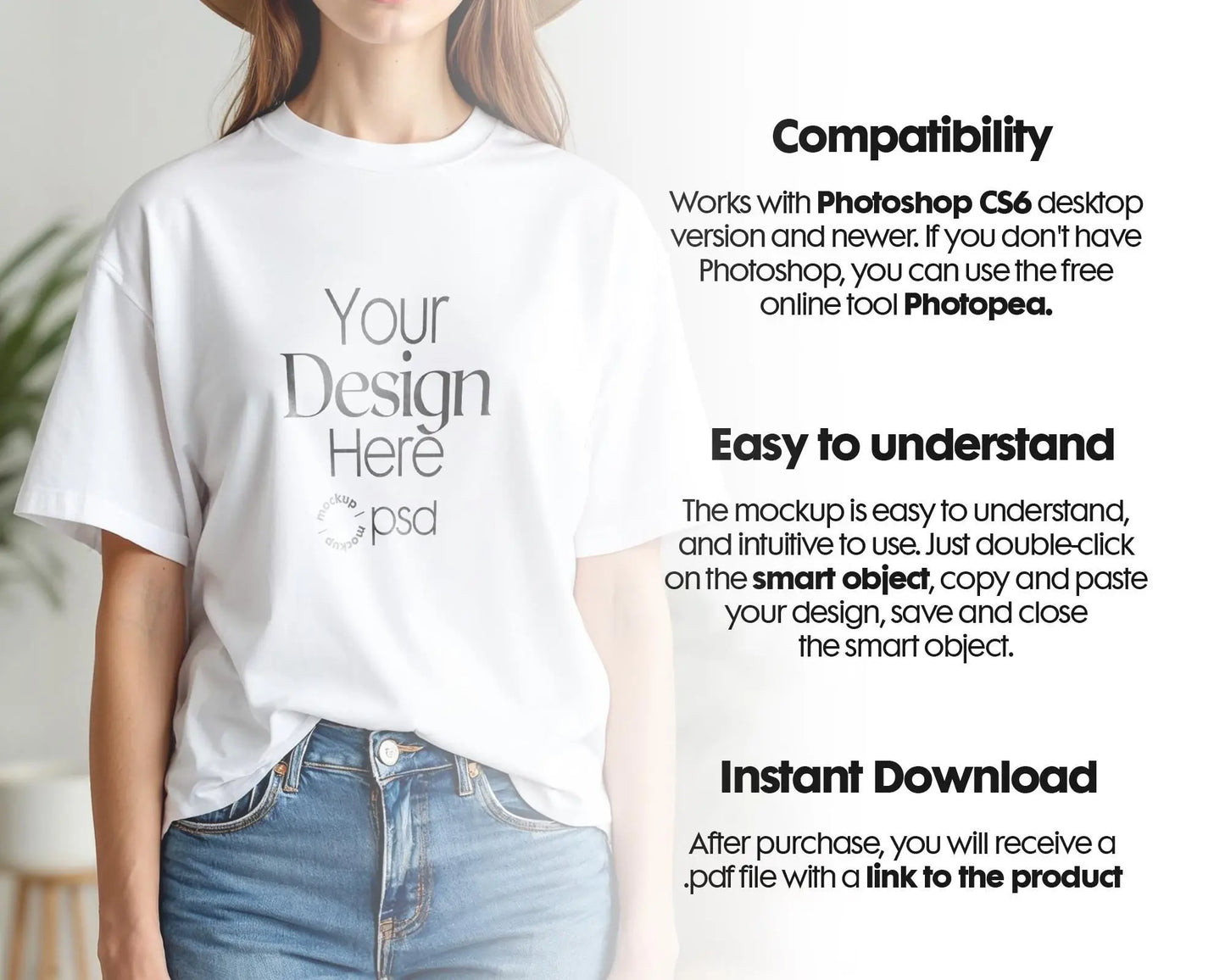Woman White T-Shirt Mockup PSD | Gildan 64000 & Bella Canvas 3001 Print on Demand Tee Mockups for Designers, Boho Style Tshirt