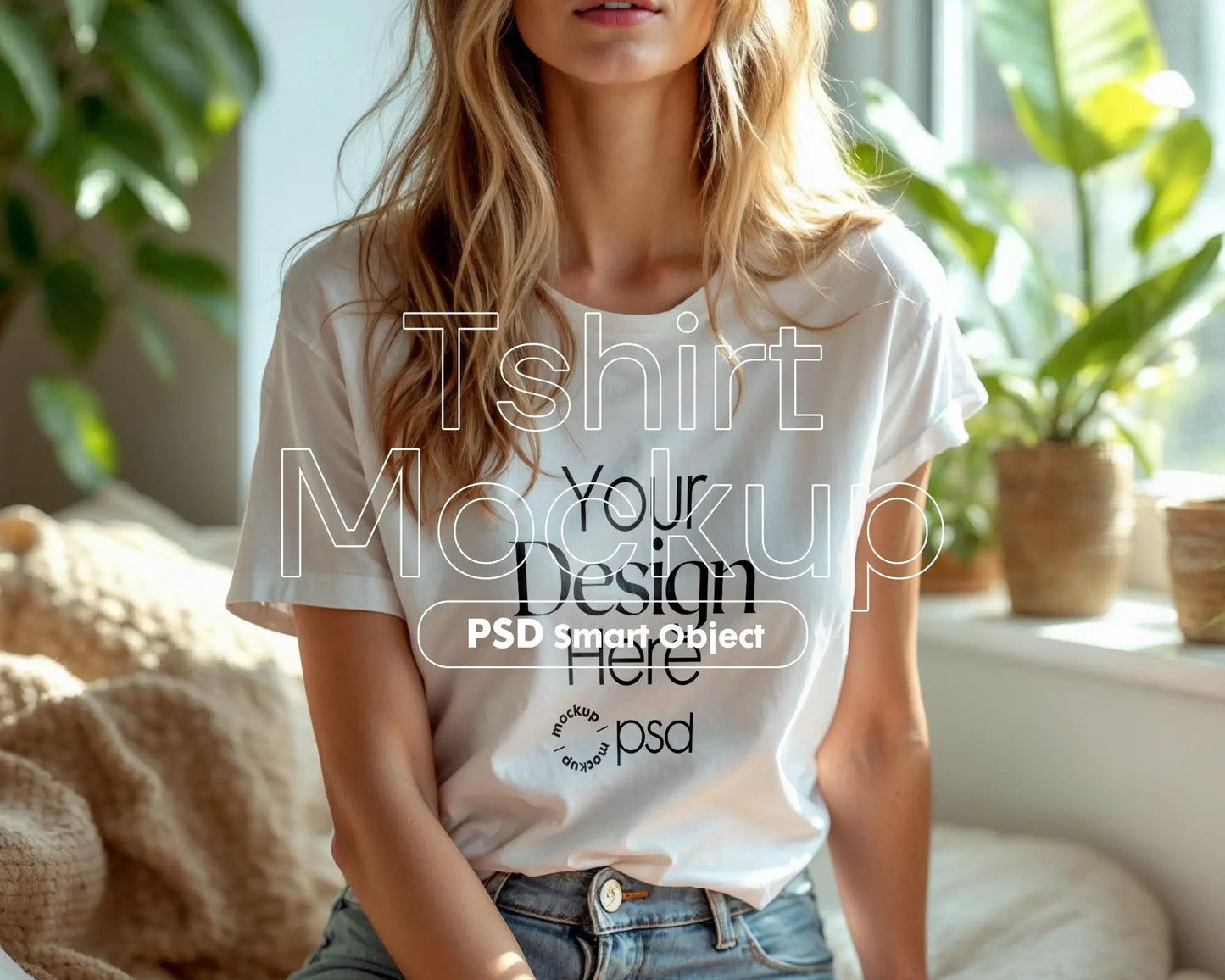 Woman White T-Shirt Mockup PSD | Gildan 64000 & Bella Canvas 3001 Print on Demand Tee Mockups for Designers, Boho Style Tshirt