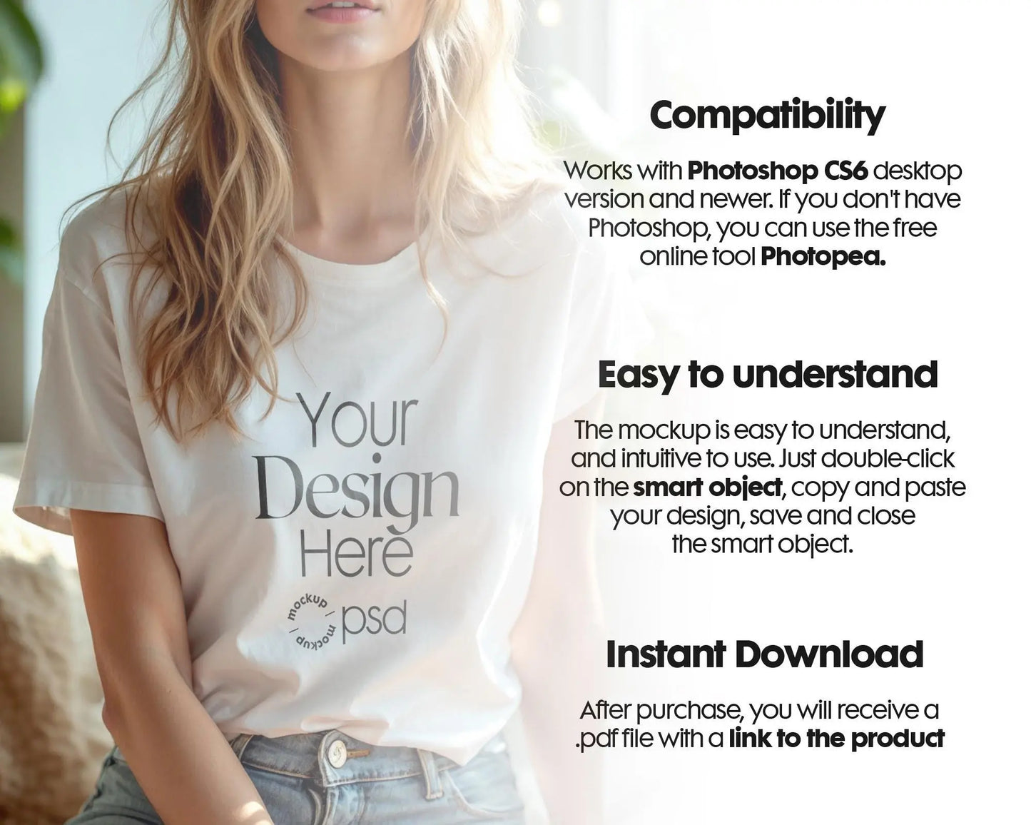 Woman White T-Shirt Mockup PSD | Gildan 64000 & Bella Canvas 3001 Print on Demand Tee Mockups for Designers, Boho Style Tshirt