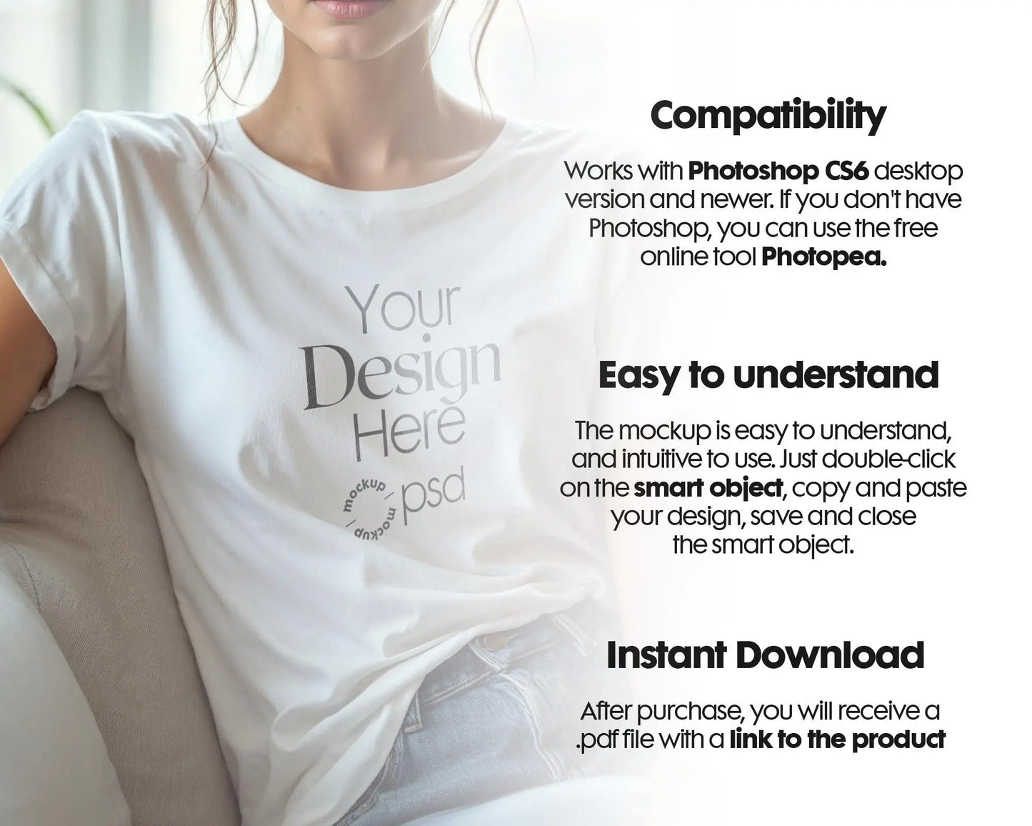 Woman White T-Shirt Mockup PSD | Gildan 64000 & Bella Canvas 3001 Print on Demand Tee Mockups for Designers, Boho Style Tshirt