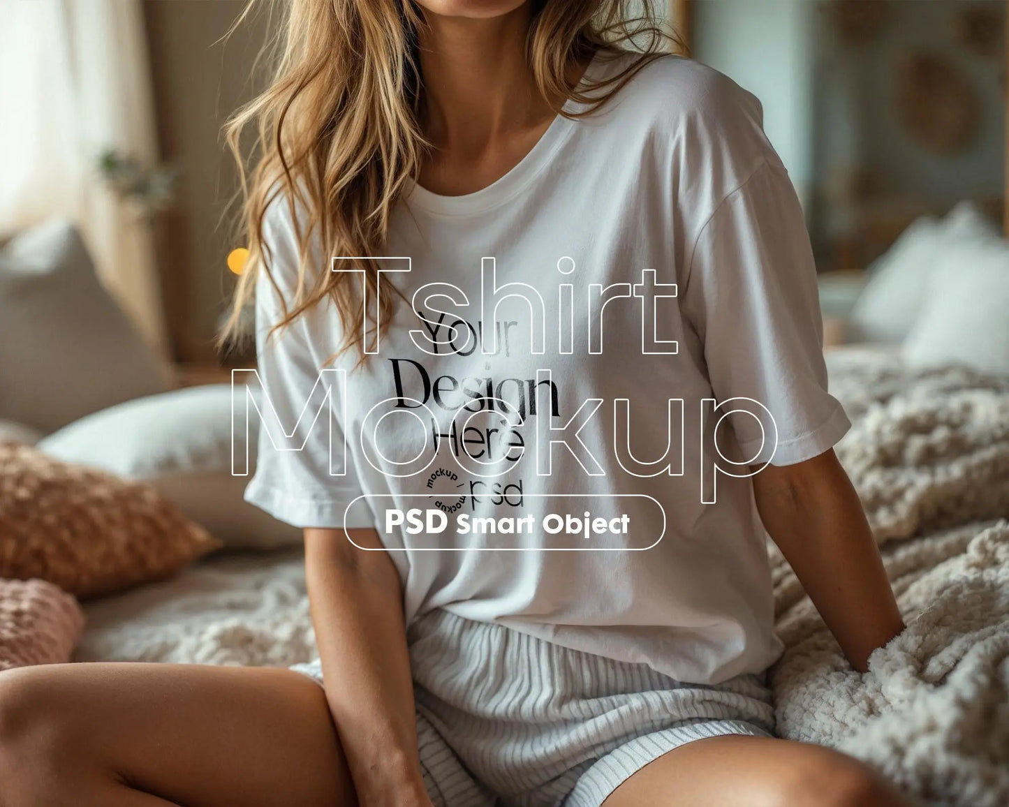 Woman White T-Shirt Mockup PSD | Gildan 64000 & Bella Canvas 3001 Print on Demand Tee Mockups for Designers, Boho Style Tshirt