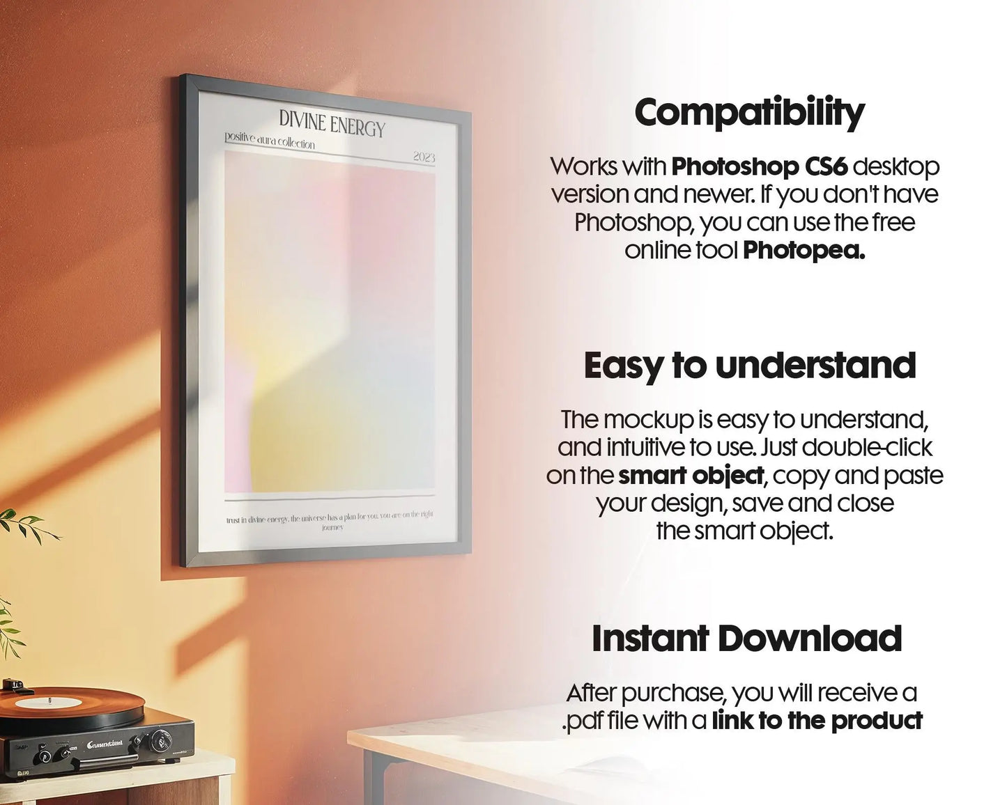 Blank Wooden Poster Frame Mockup, Wall Art Frame Mockup for Digital Download, Posters and Artwork Smart Object Instant Download