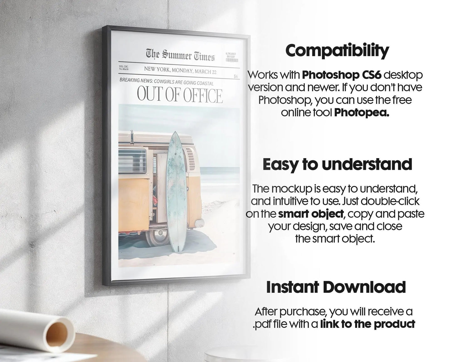 Blank Wooden Poster Frame Mockup, Wall Art Frame Mockup for Digital Download, Posters and Artwork Smart Object Instant Download