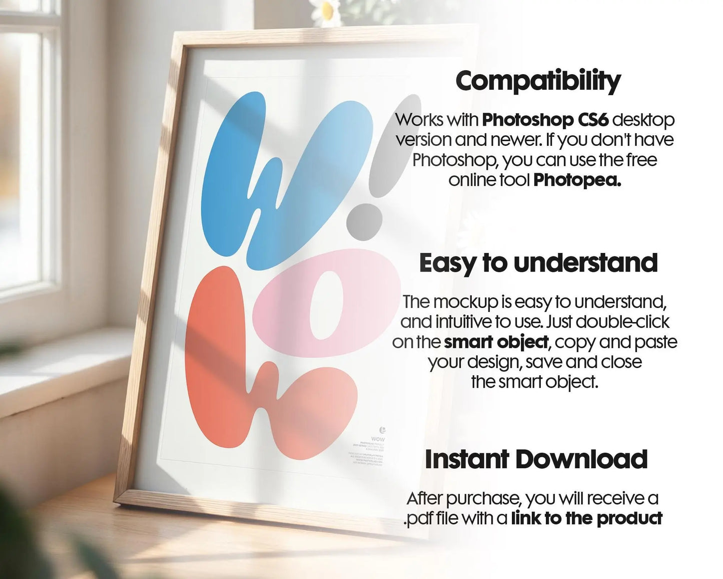 Wall Art Frame Mockup for Digital Download, Blank Wooden Poster Frame Mockup, Posters and Artwork Smart Object Instant Download