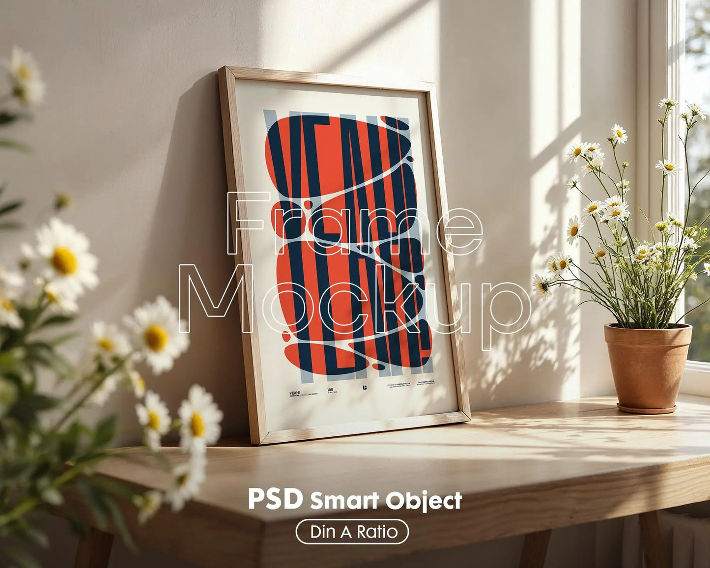 Wall Art Frame Mockup for Digital Download, Blank Wooden Poster Frame Mockup, Posters and Artwork Smart Object Instant Download