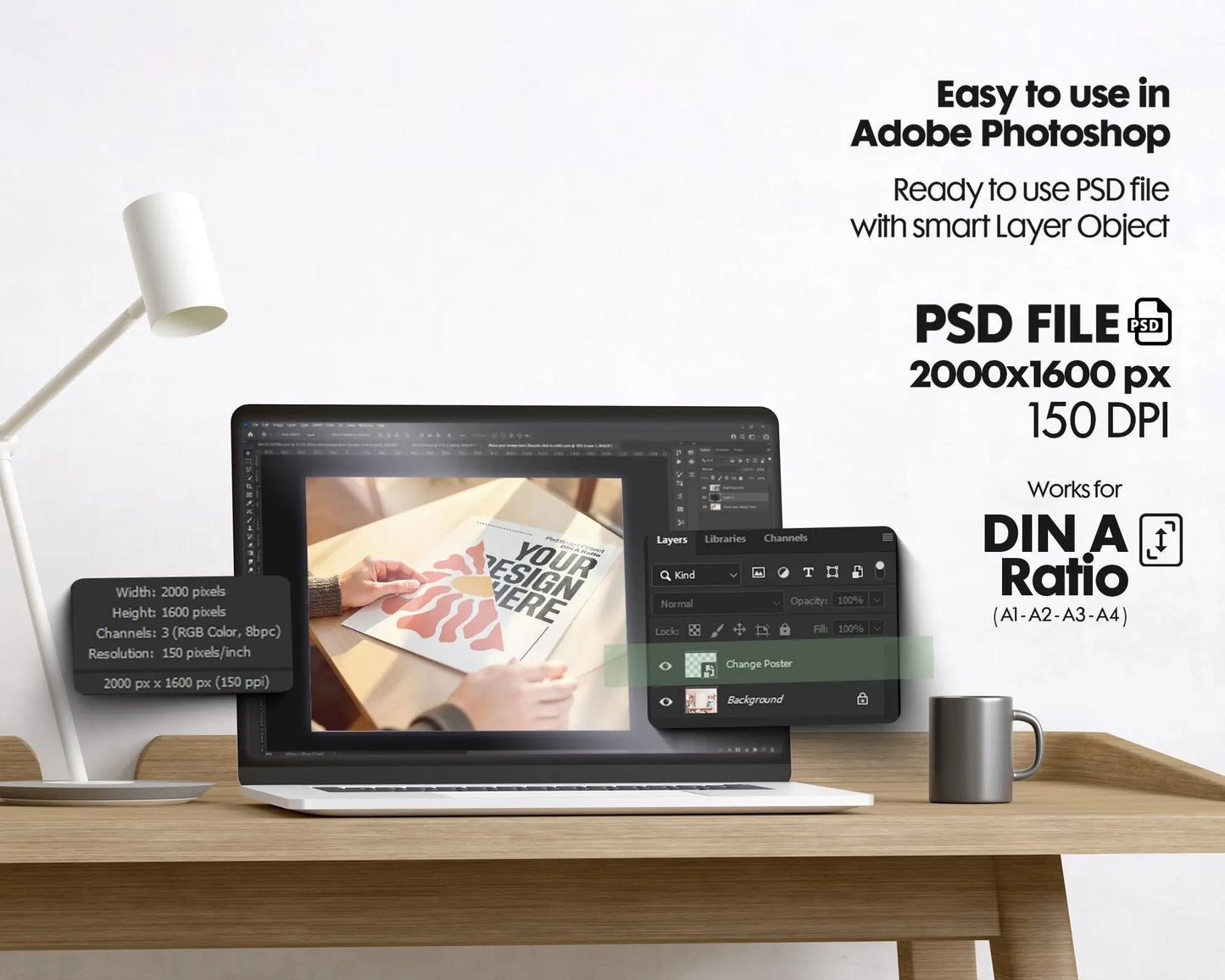 Poster Mockup with Person ISO A DIN Ratio | Minimal Modern PSD Photoshop & Photopea Template