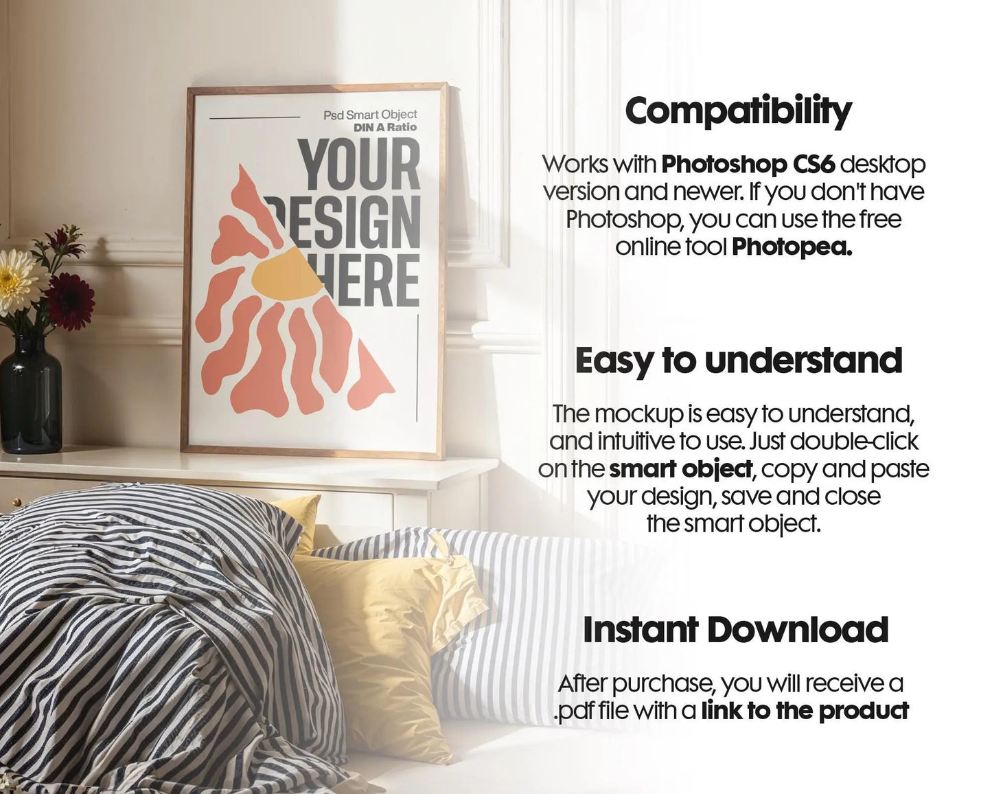 Blank Wooden Poster Frame Mockup, Minimalist Frame Mockup for Digital Download, Posters and Artwork Smart Object Instant Download