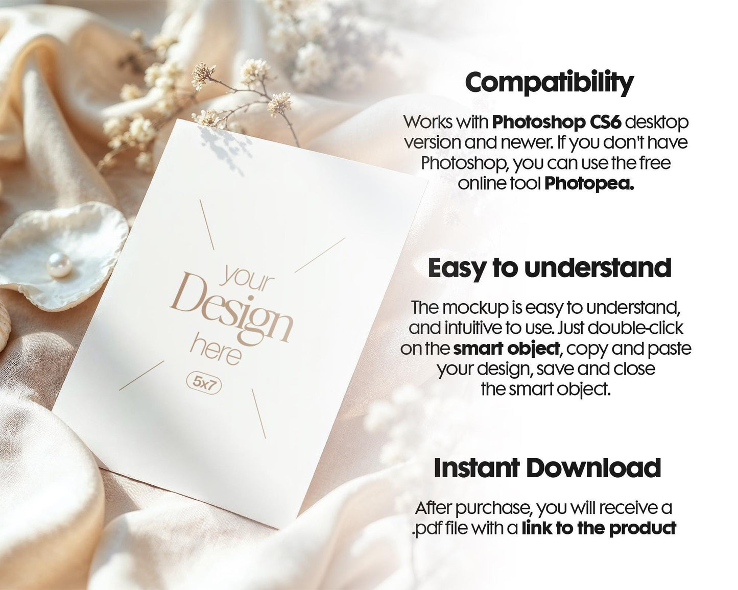5x7 Card Mockup PSD Template, Minimalist White Stationery Mockup for Wedding, Baby Shower & Invitation Cards, Editable Smart Object