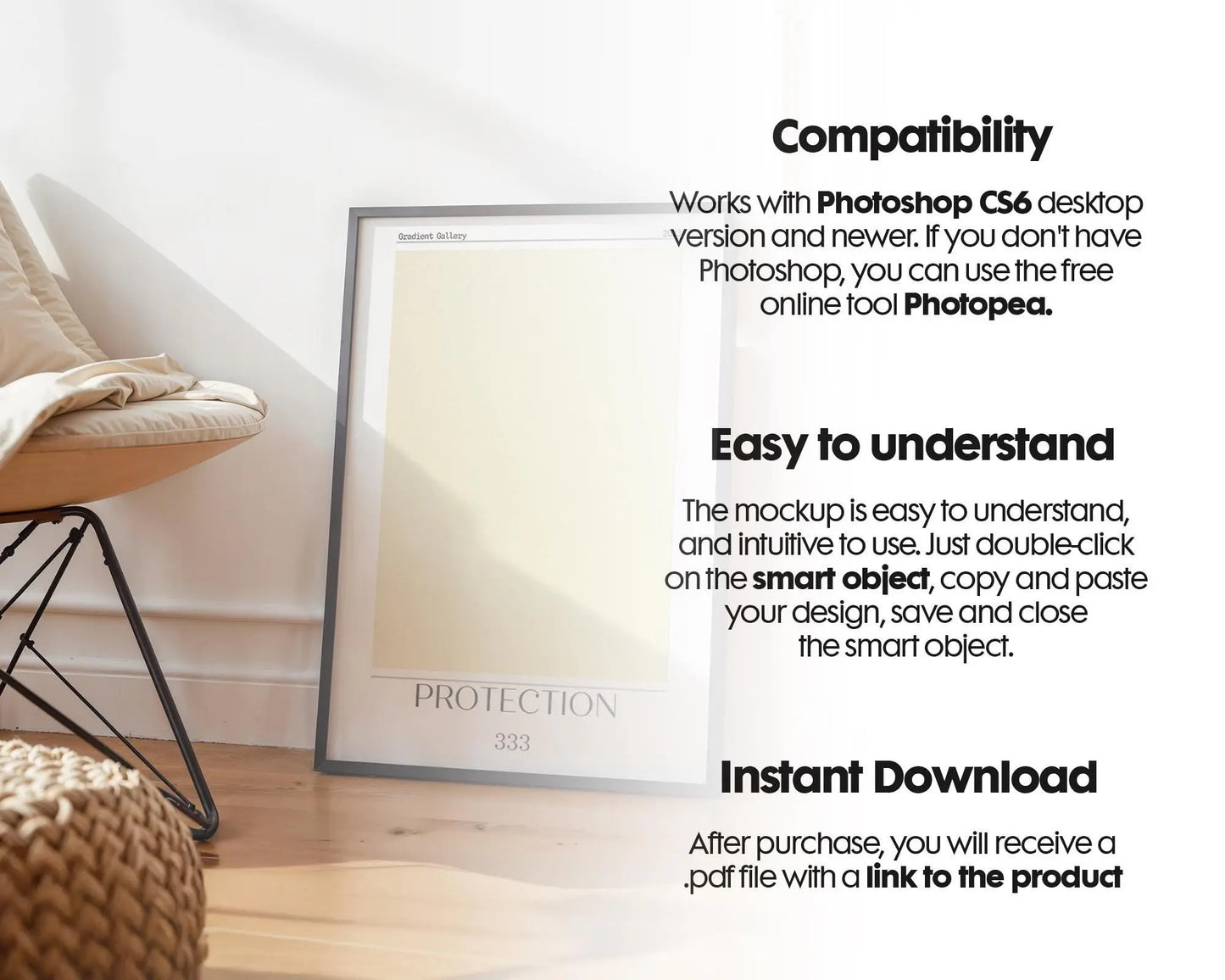 Blank Wooden Poster Frame Mockup, Minimalist Digital Download for Artwork & Posters, Instant Smart Object Template for Easy Customization