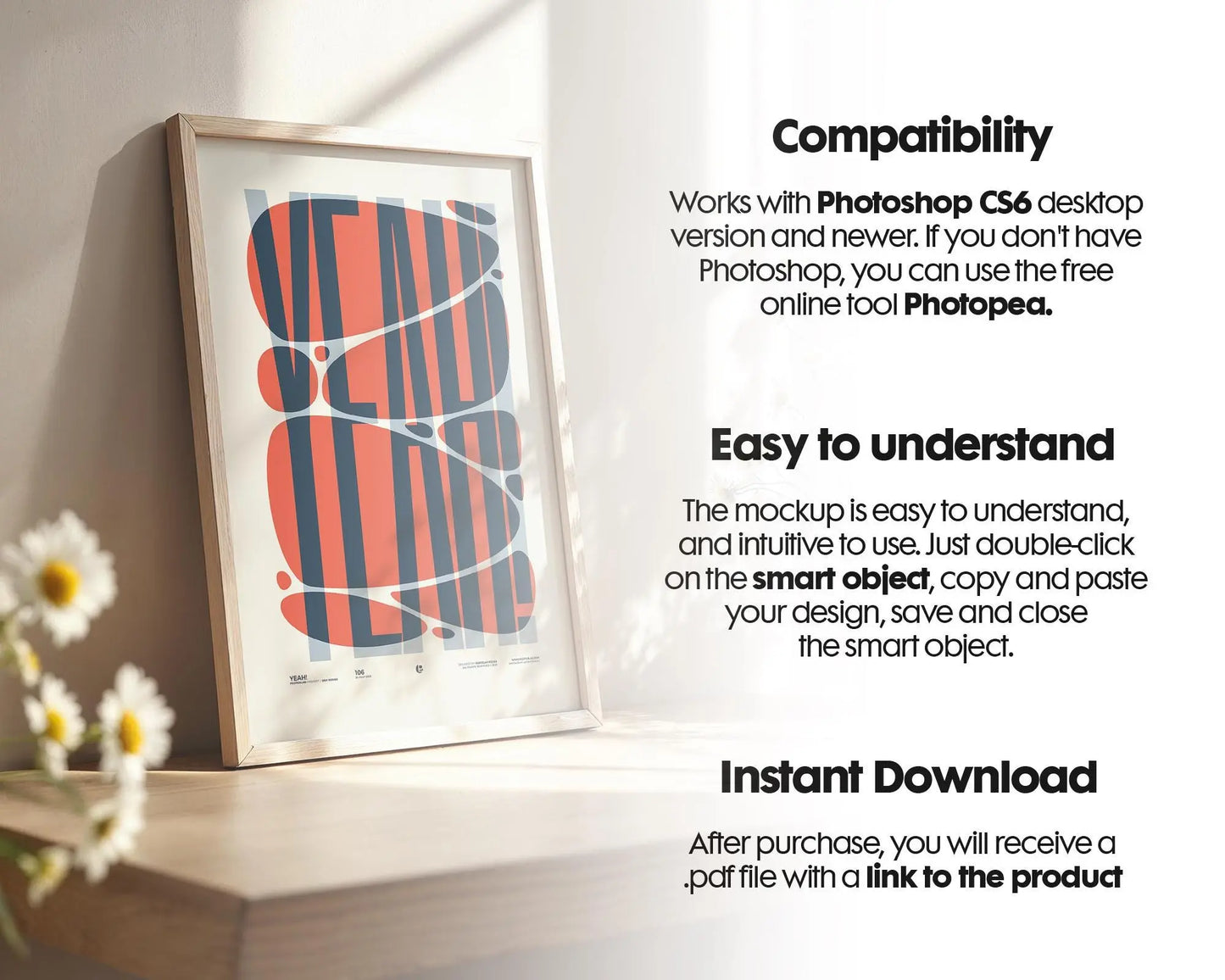 Wall Art Frame Mockup for Digital Download, Blank Wooden Poster Frame Mockup, Posters and Artwork Smart Object Instant Download