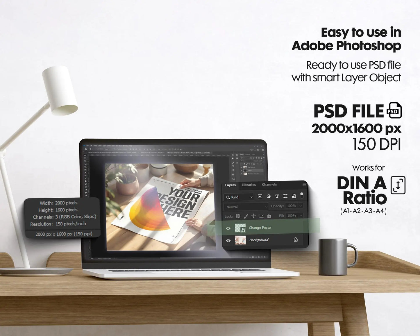 Poster Mockup with Person ISO A DIN Ratio | Minimal Modern PSD Photoshop & Photopea Template