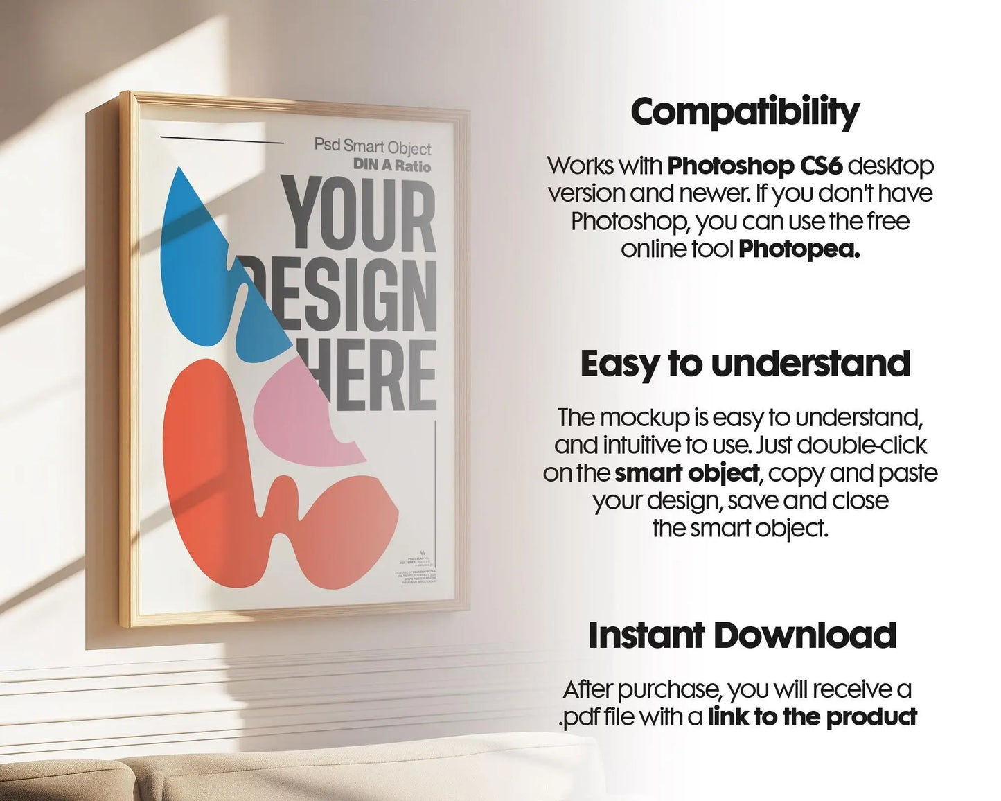 Blank Wooden Poster Frame Mockup, Minimalist Frame Mockup for Digital Download, Posters and Artwork Smart Object Instant Download