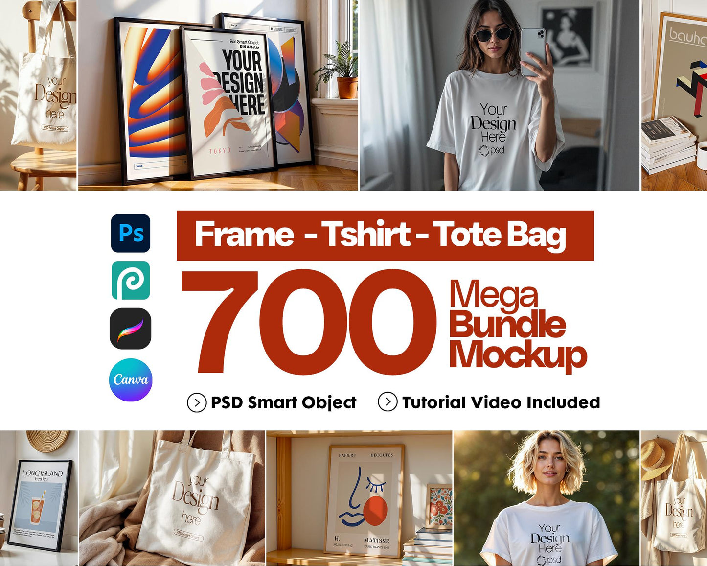 700+ Mockup Mega PSD Bundle Set - Tshirt, Frame and Tote Bag Mockup for Digital Art, PSD Smart Object