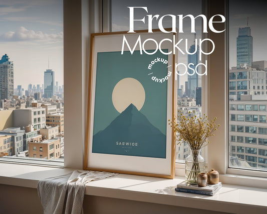 Frame Leaning On Window Sill Mockup | Mockup PSD Smart Object Interior Mockup Frame Mockup PSD Template