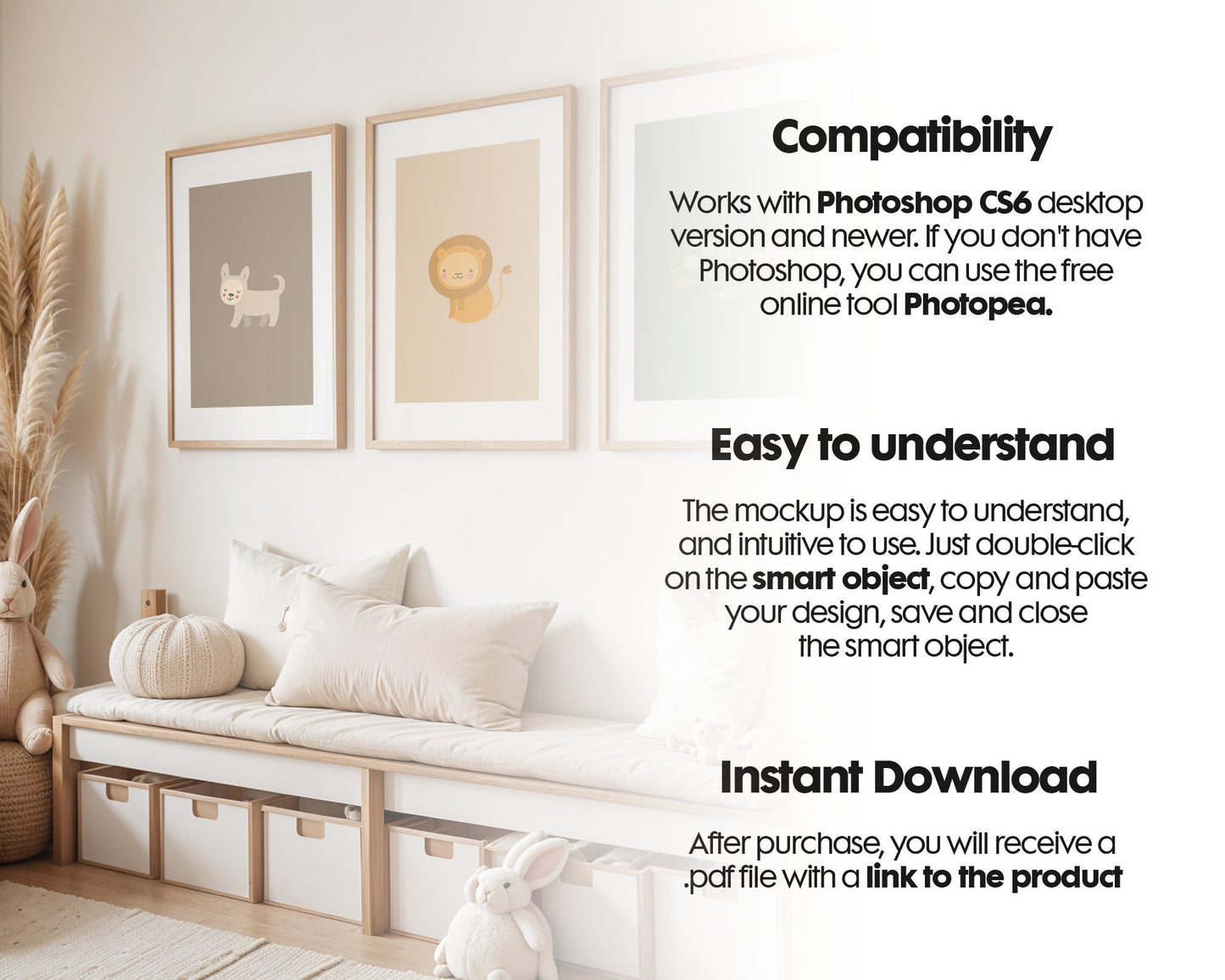 3 Frame Nursery Mockup in Home Interior PSD | 3 Nursery Frame Mockup Frames | Nursery Wall Poster | Nursery Poster Shop Mockup