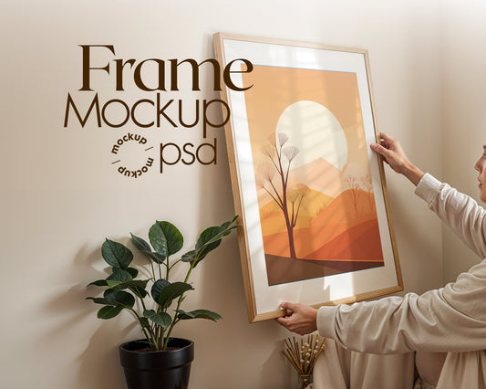Woman Holding Frame Mockups | Landscape Horizontal Wood Frame Mockup with person | Digital Prints, and Poster Shop Mockup