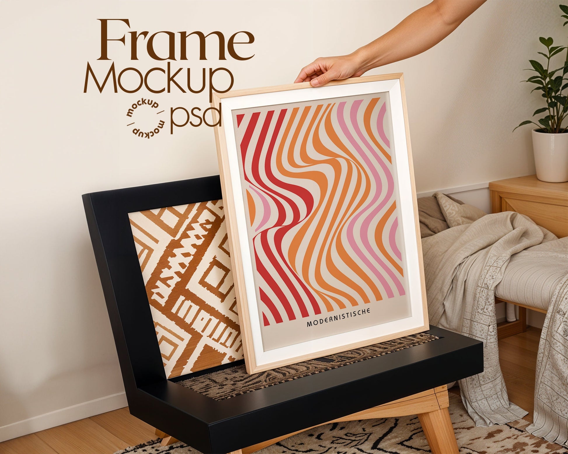 Frame Mockup With Person, PSD Photoshop Mockup, Frame Mockup Home Interior, Luxury Frame Mockup