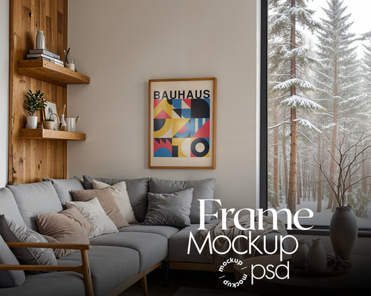 Wood Frame Mockup in Home Interior | Winter Home Frame Mockup Frames | Snow Interior Wall Poster