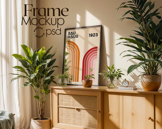Vertical Frame Mockup in Home Interior | Boho Interior Frame Mockup PSD | Interior Poster Mockup PSD