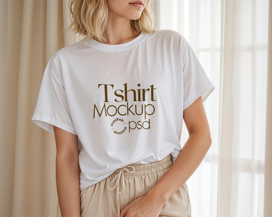 Woman White Tshirt Mockup PSD , Gildan T-shirt Mockup PSD , Gildan 64000 Model Mockup PSD, White Shirt Mockup