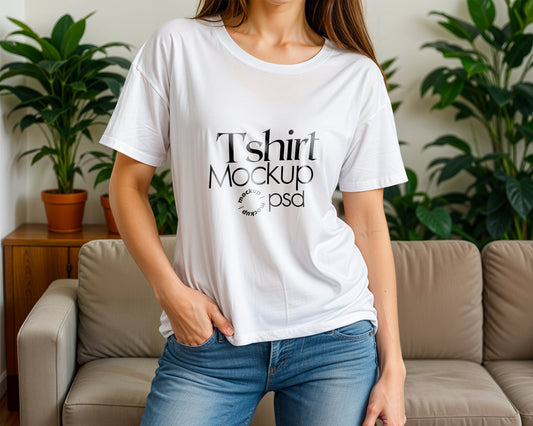 Woman White Tshirt Mockup PSD , Gildan T-shirt Mockup PSD , Gildan 64000 Model Mockup PSD, White Shirt Mockup