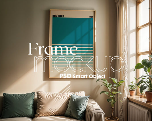 Artwork Mockup PSD | Framed Poster Mockup. DIN A Frame Mock–Up | PSD Photoshop Photopea Mockup. Frame Mockup Home Interior
