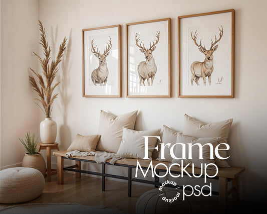 3 Frame Mockup in Home Interior PSD | 3 Frame Mockup Frames | Interior Wall Poster | Interior Poster Shop Mockup