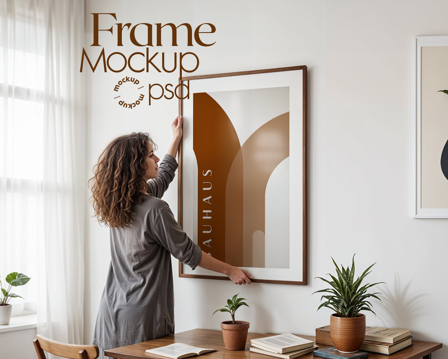 Frame Mockup With Person, PSD Photoshop Mockup, Frame Mockup Home Interior, Interior Frame Mockup Woman
