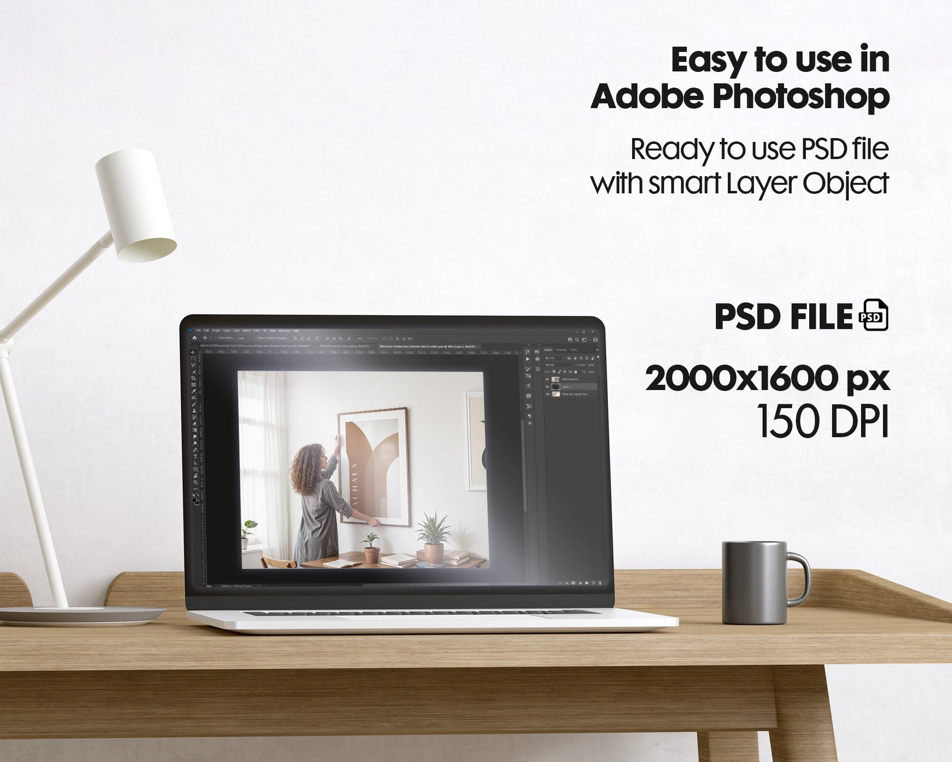 Frame Mockup With Person, PSD Photoshop Mockup, Frame Mockup Home Interior, Interior Frame Mockup Woman