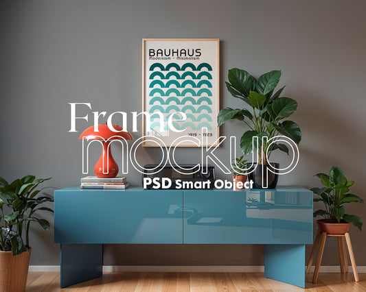 Artwork Mockup PSD | Framed Poster Mockup. DIN A Frame Mock–Up | PSD Photoshop Photopea Mockup. Frame Mockup Home Interior