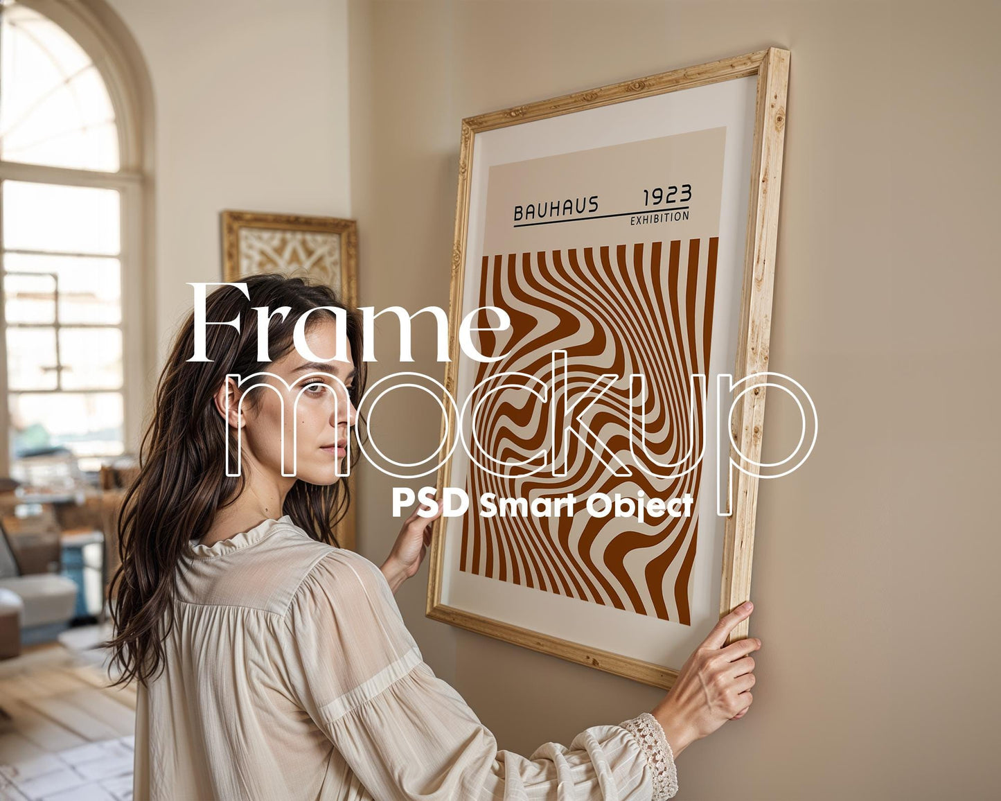 Woman Holding Frame Mockups | Landscape Horizontal Wood Frame Mockup with person | Digital Prints, and Poster Shop Mockup