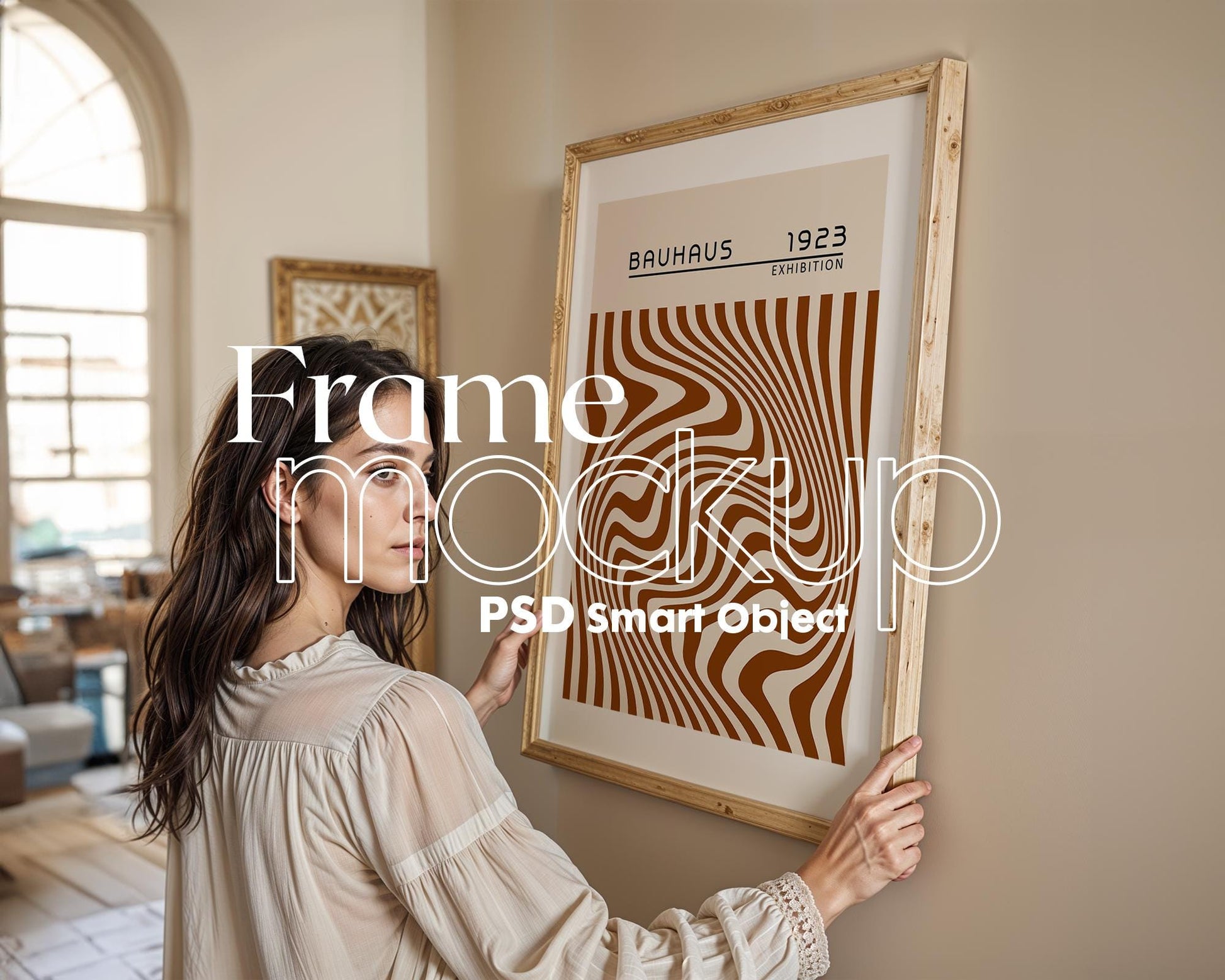 Woman Holding Frame Mockups | Landscape Horizontal Wood Frame Mockup with person | Digital Prints, and Poster Shop Mockup