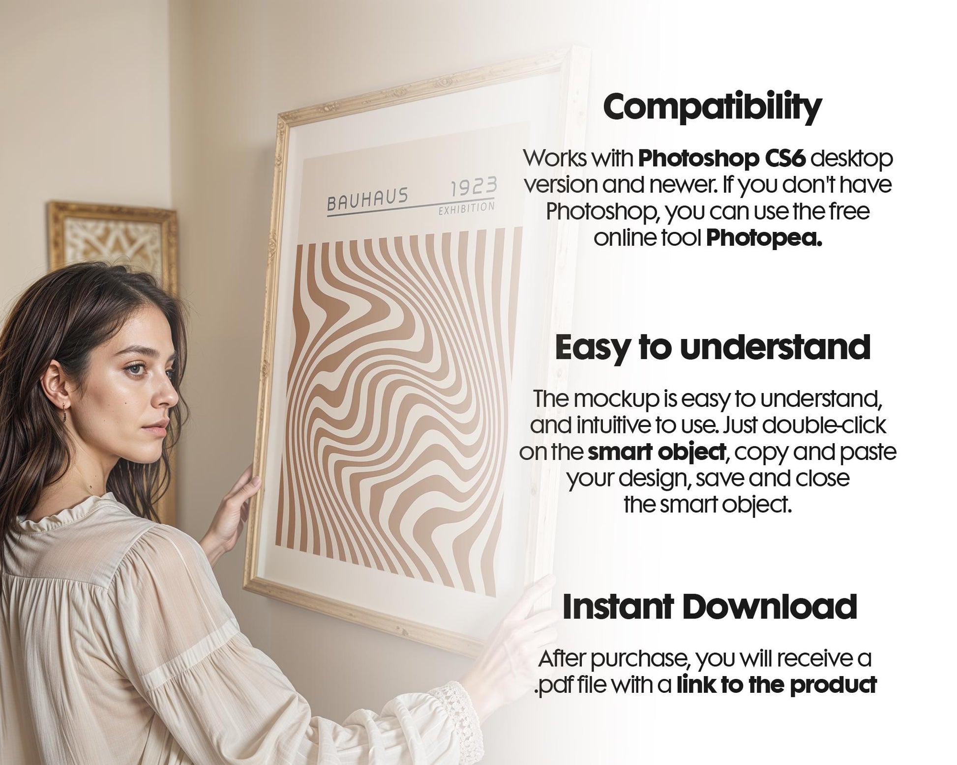 Woman Holding Frame Mockups | Landscape Horizontal Wood Frame Mockup with person | Digital Prints, and Poster Shop Mockup