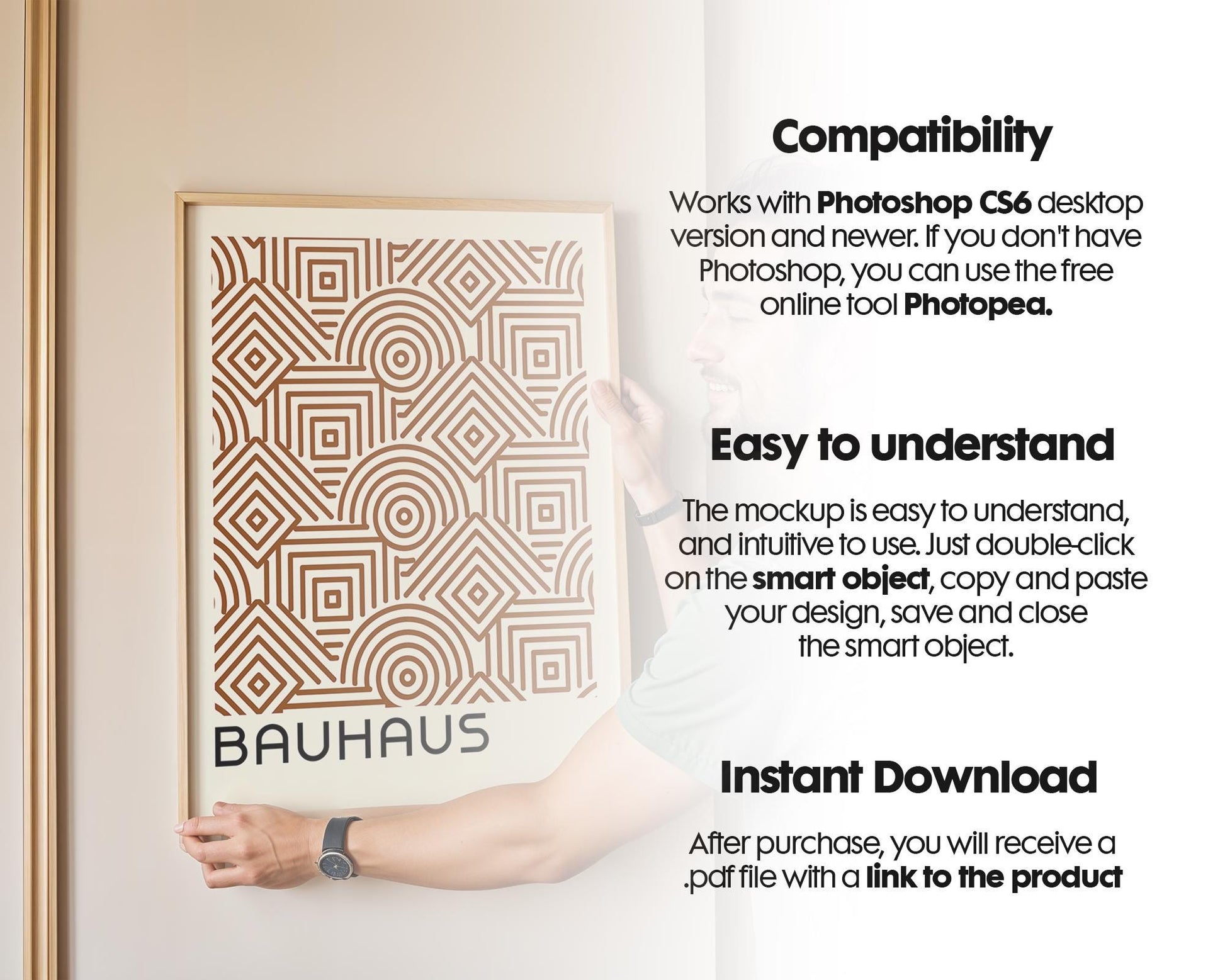 Frame Mockup With Person, Minimal Wooden Frame Mockup, PSD Frame Mockup Home Interior with Man, Father holding frame